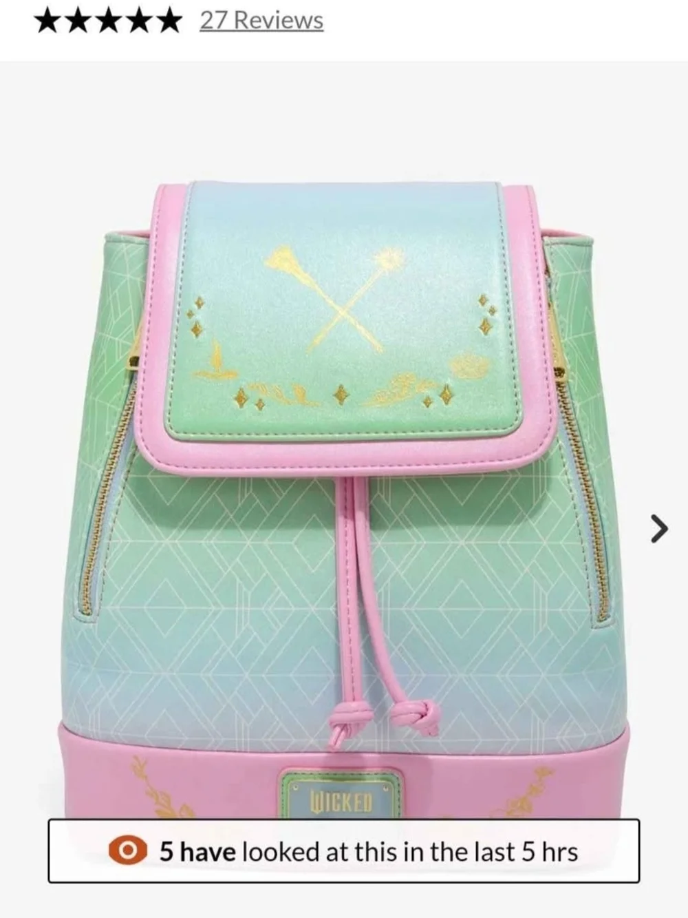 Loungefly Green & Pink Mini Backpack with Gold Accents